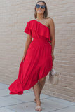 One Shoulder Ruffle High Low Maxi Dress