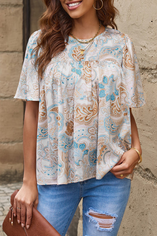 Paisley Print Wide Sleeves Loose Blouse