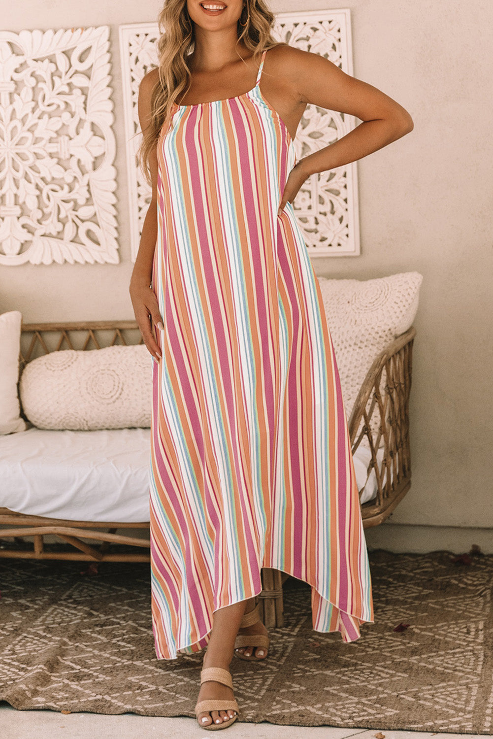 Bohemian Striped Print Sleeveless Holiday Maxi Dress