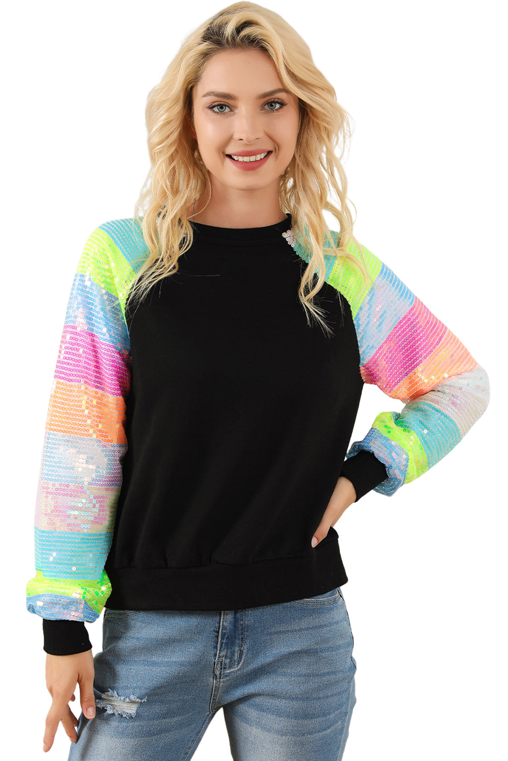 Sequin Color Block Raglan Sleeve Pullover Sweatshirt