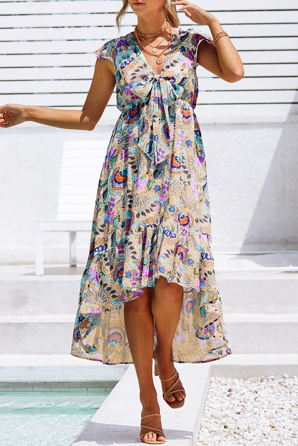 Boho Floral Print Self-tie High Waist Long Dress