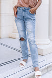 Light Blue Distressed Holes Straight Jeans