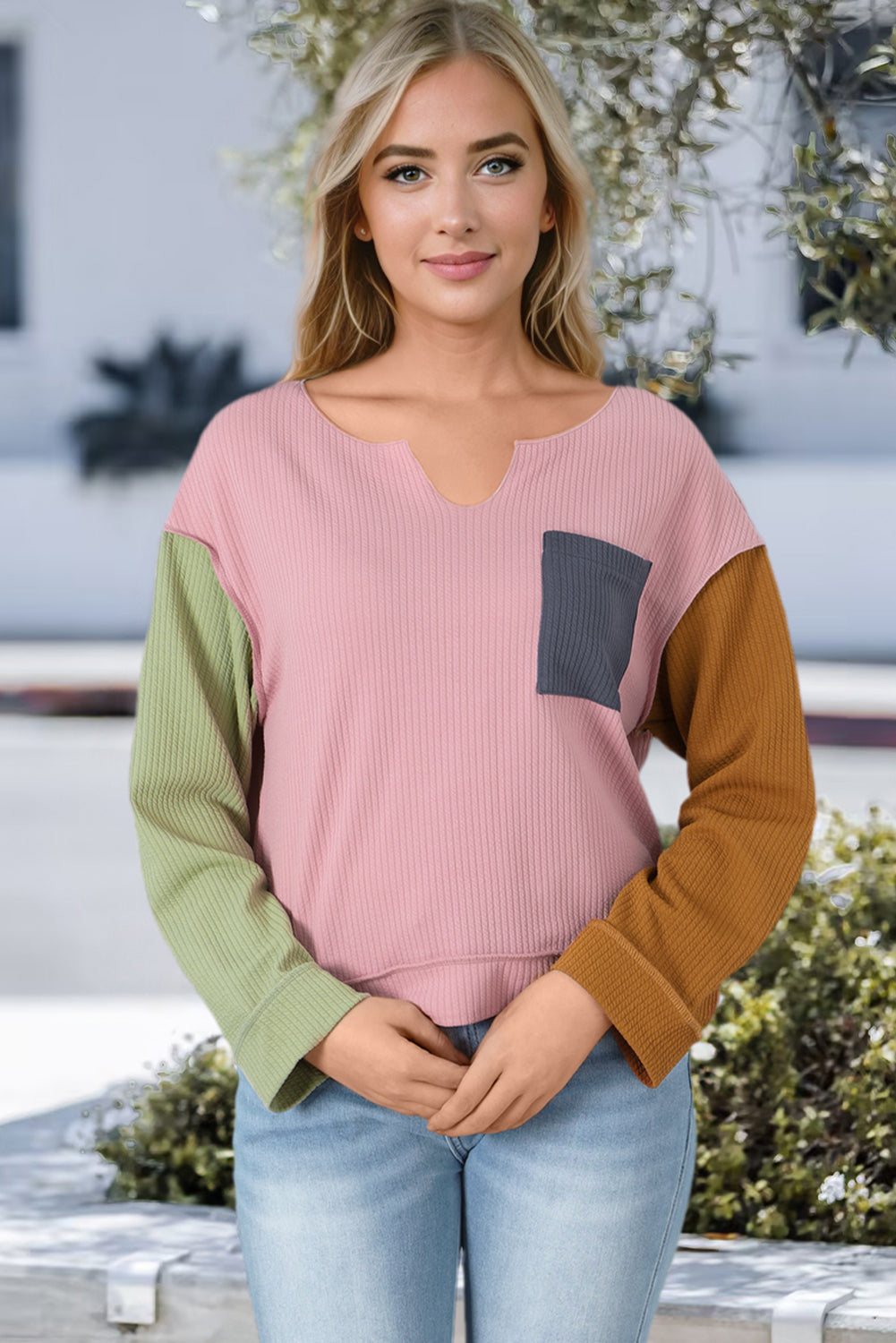 Colorblock Rib Textured Loose Long Sleeve Top