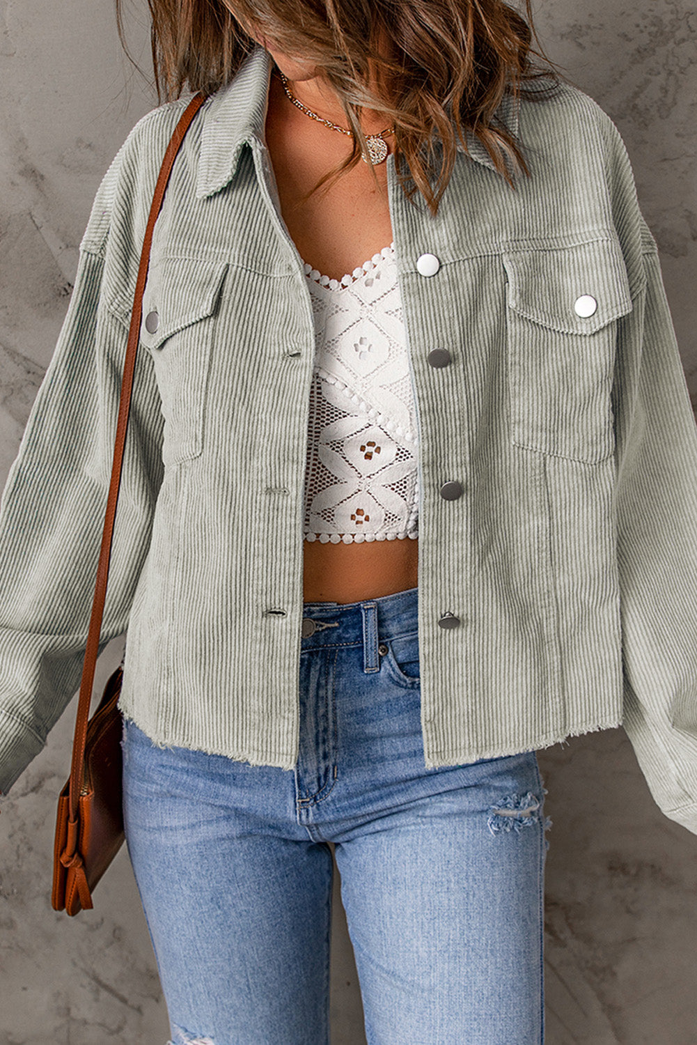 Sky Blue Raw Hem Flap Pockets Cropped Corduroy Jacket