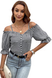 Sweetheart Gingham Button Down Cold Shoulder Blouse