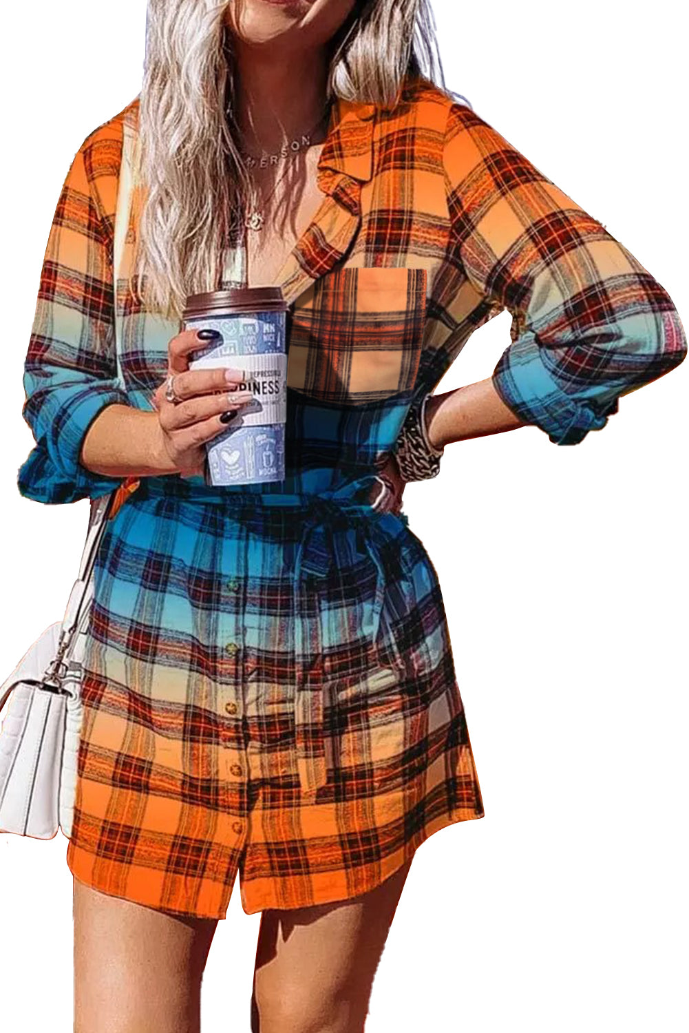 Gradient Plaid Button Front Mini Shirt Dress