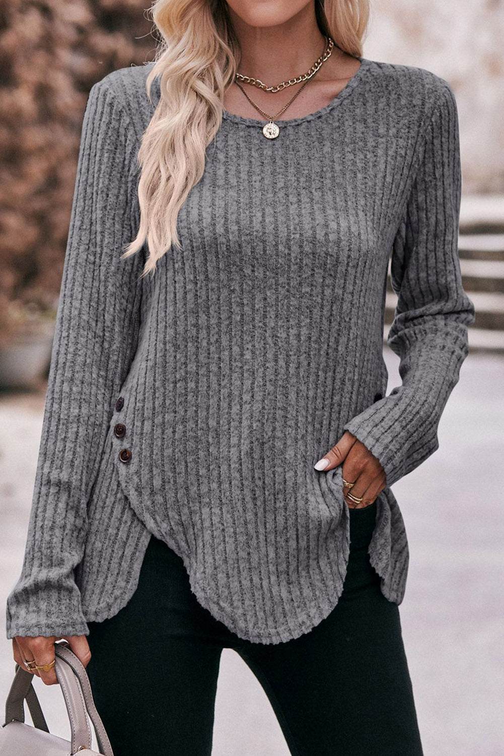 Buttoned Hem Ribbed Long Sleeve Top