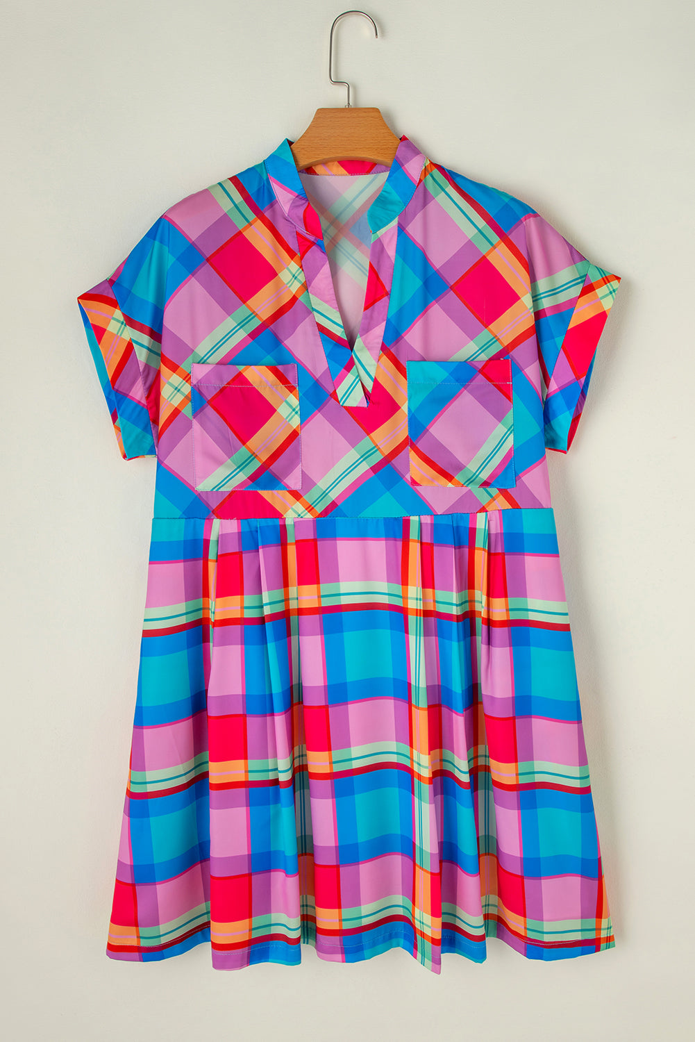 Light Blue Multicolor Plaid Short Sleeve Babydoll Mini Dress