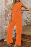 Orange Textured Tank Top and Wide Leg Pants Set