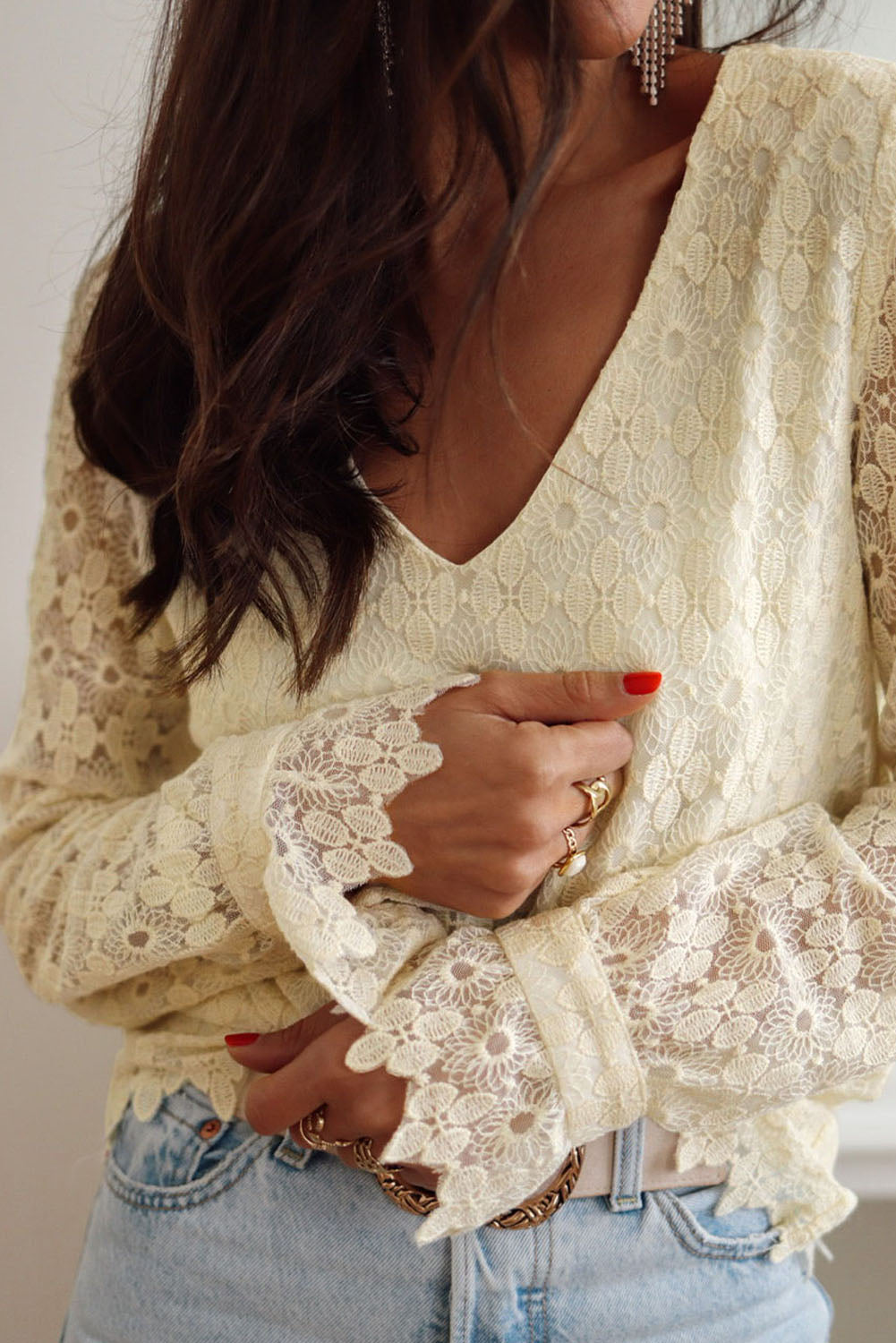 Floret Lace V Neck Long Sleeve Blouse