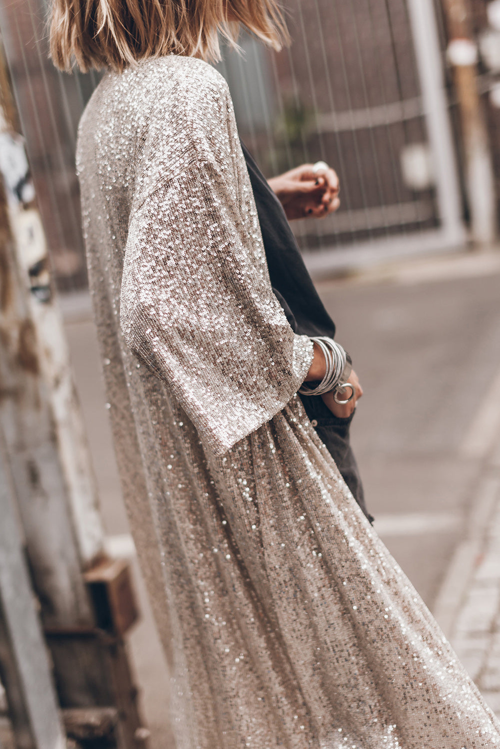 Sequin 3/4 Sleeve Open Front Duster Kimono