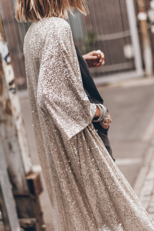 Sequin 3/4 Sleeve Open Front Duster Kimono