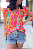 Orange Abstract Print V Neck Ruffled Sleeve Blouse