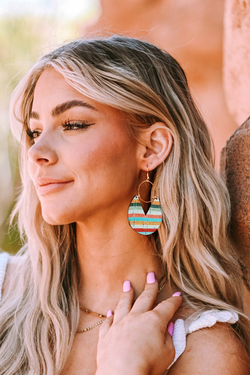 Boho Striped Print Wood Drop Earrings