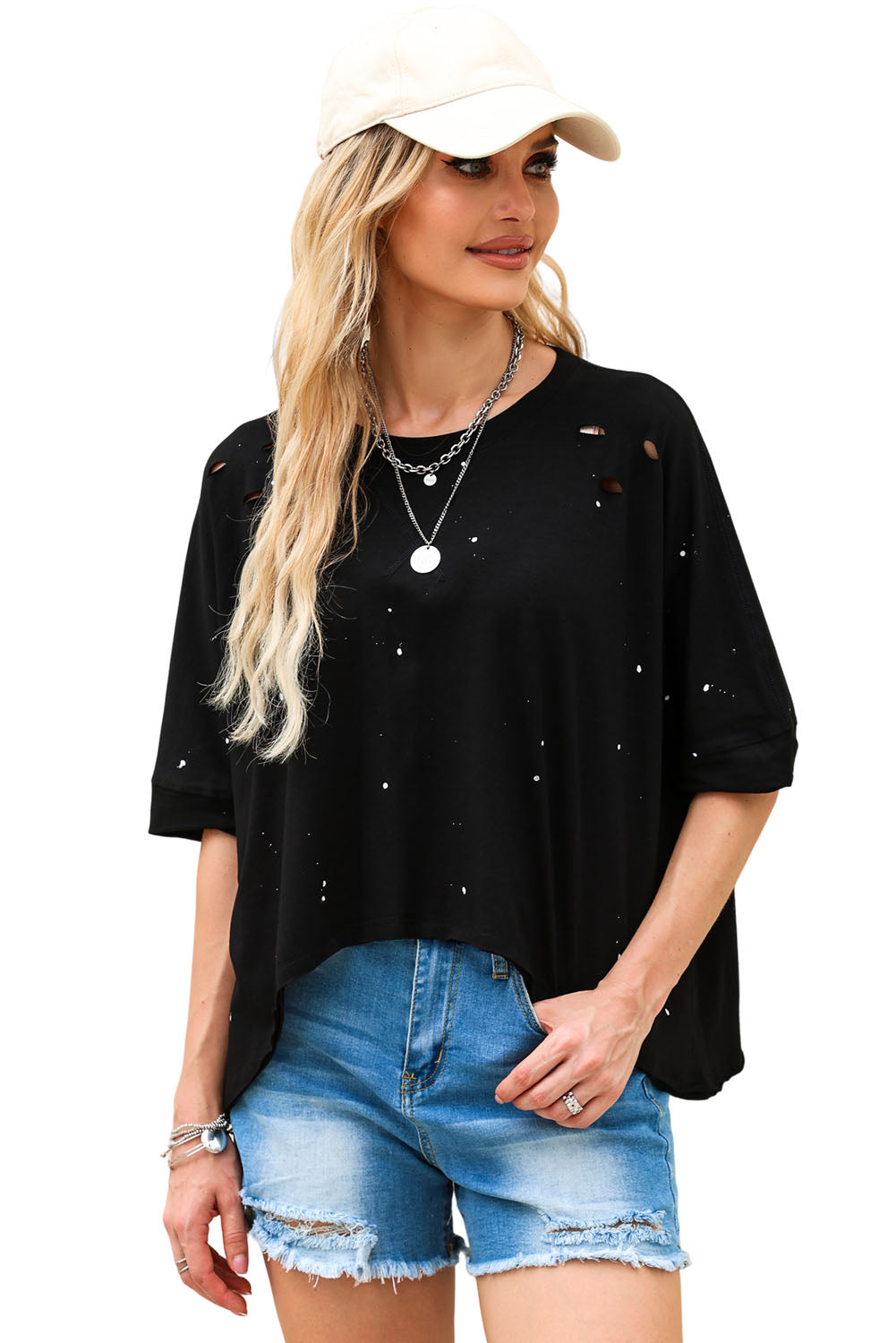 Distressed Bleached Asymmetric Hem Short Sleeve Top