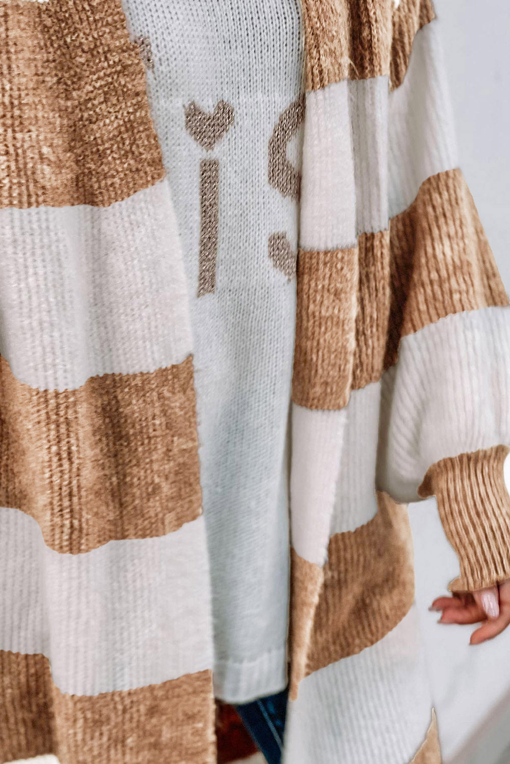 Striped Colorblock Rib Knit Bubble Sleeve Midi Cardigan