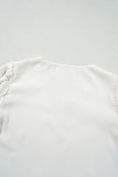 White Scalloped V Neckline Lace Hollowed Lantern Sleeve Blouse