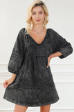 Black Pleated V Neck Puff Sleeve Denim Babydoll Dress