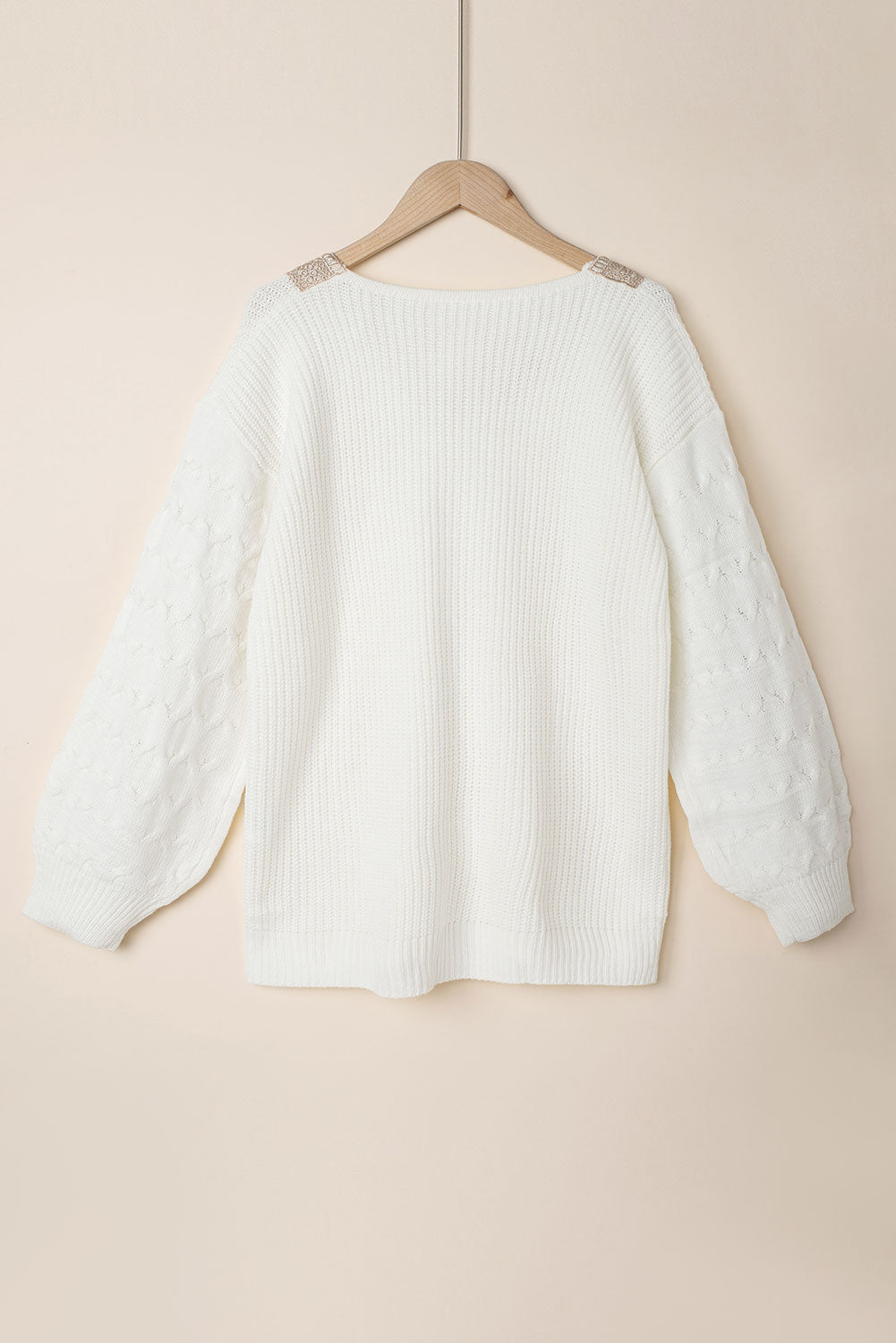 Cable Puff Sleeve Lace V Neck Sweater