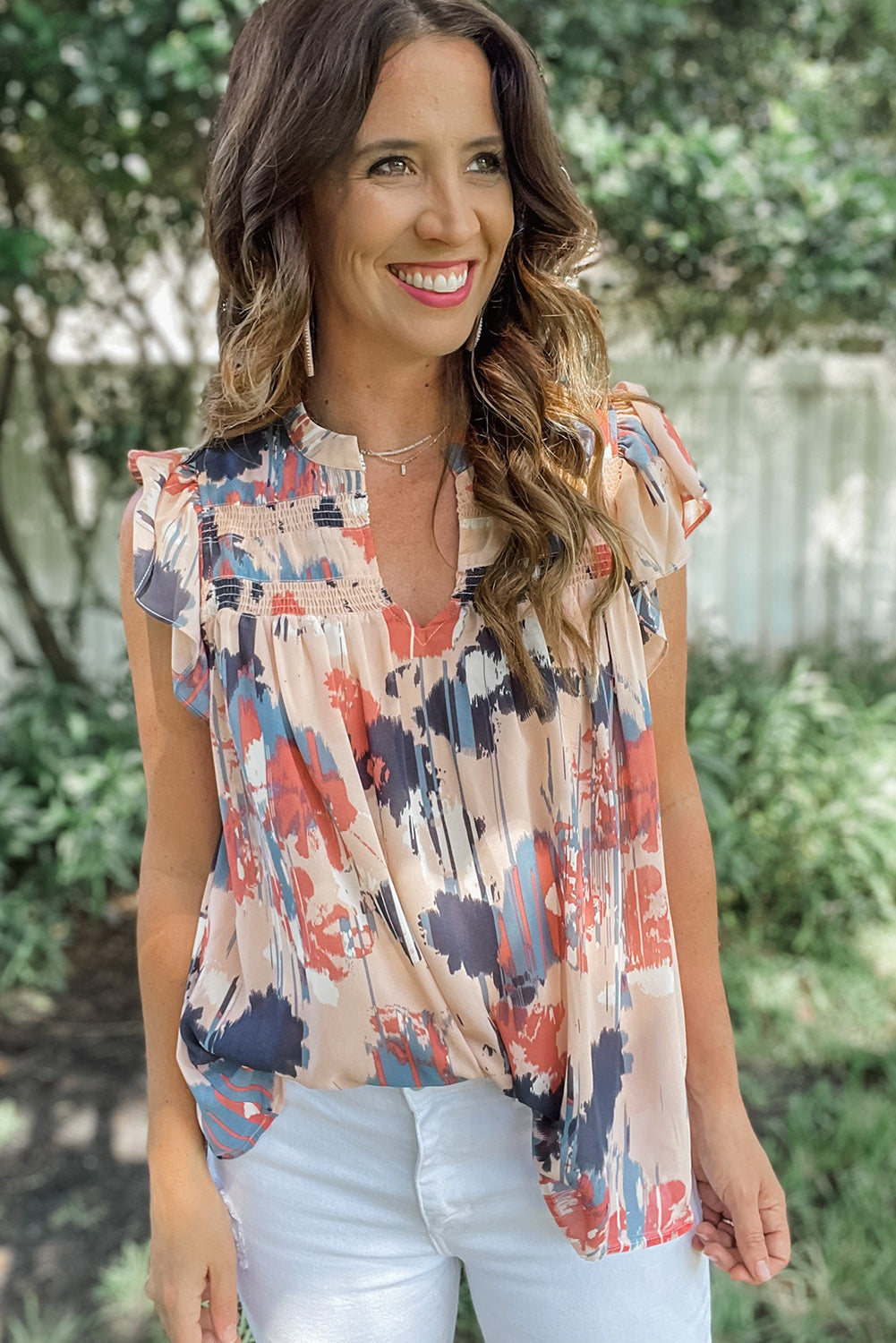 Abstract Print V Neck Shirred Ruffled Sleeveless Top