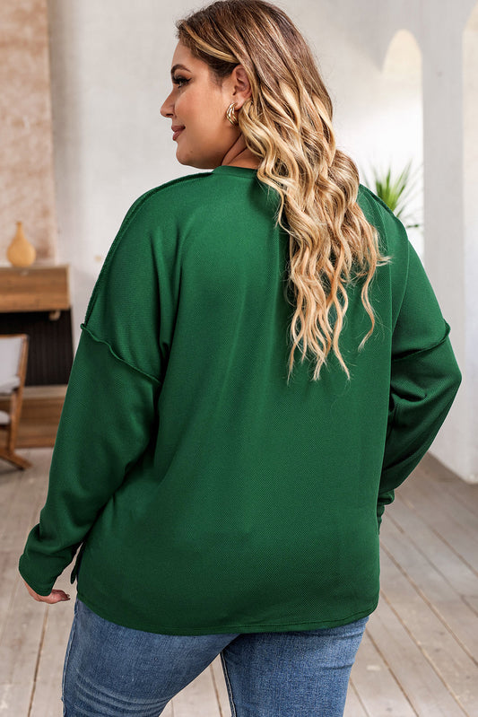 Exposed Seam Henley Buttoned Plus Size Long Sleeve Top