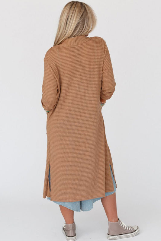 Long Waffle Knit Cardigan with Pockets