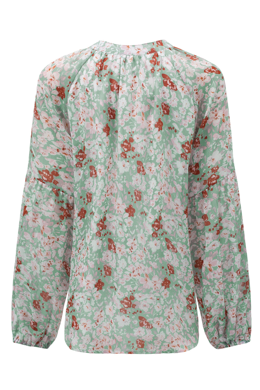 Green Floral Print V Neck Long Puff Sleeve Top