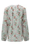 Green Floral Print V Neck Long Puff Sleeve Top