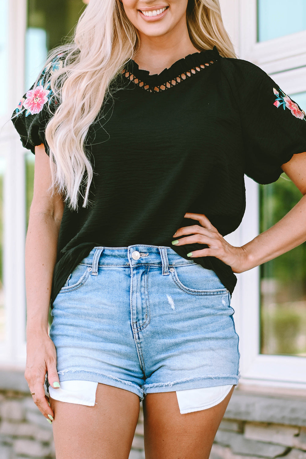 Floral Embroidered Bubble Sleeve Frill V Neck Top