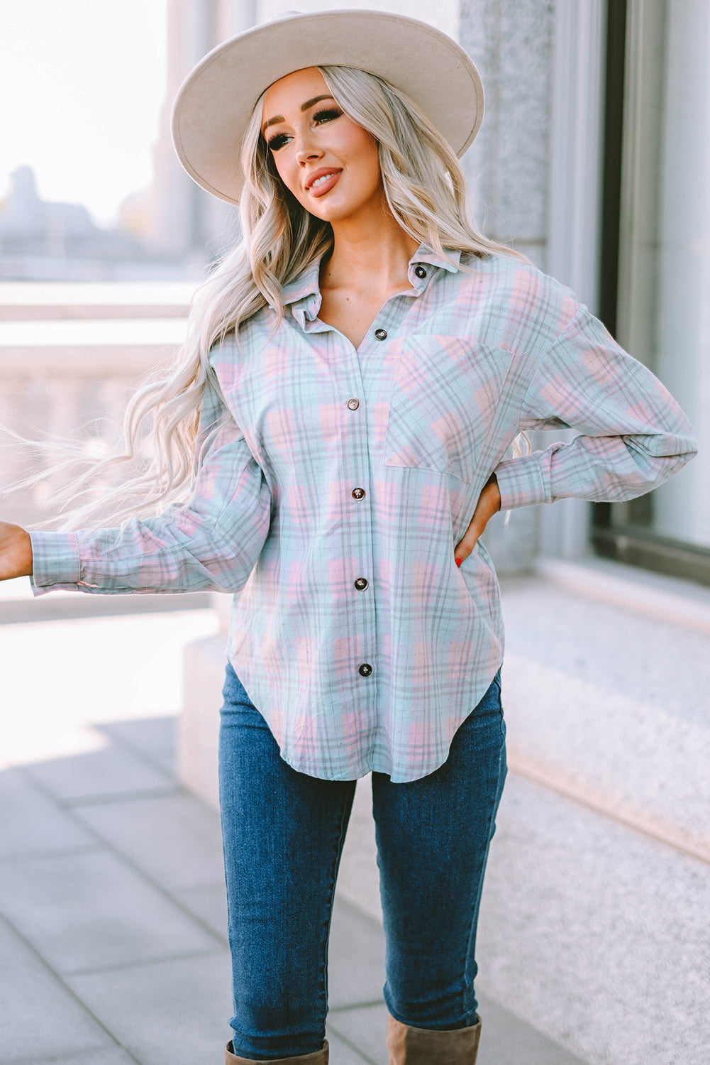 Collared Neckline Plaid Pattern Long Sleeve Shirt