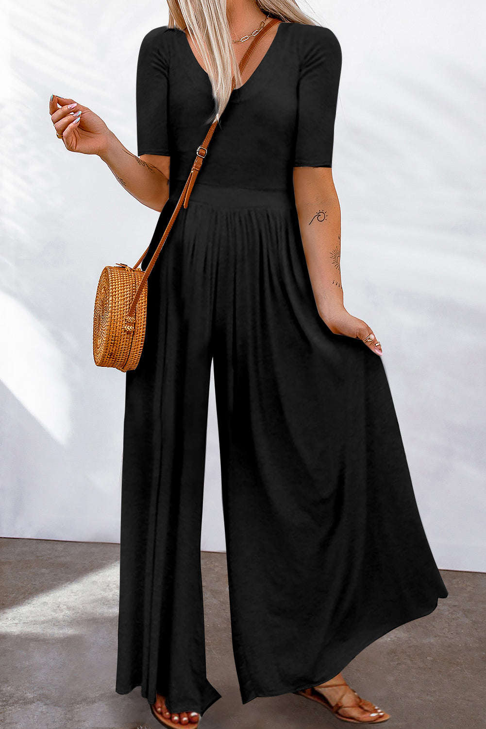 Short Sleeve Bodice Flowy Wide Leg Jumpsuit