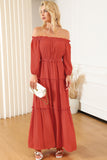 Off Shoulder Balloon Sleeve Cutout Ruffled Maxi Dress