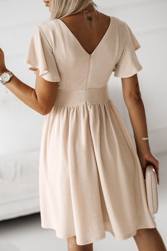 V Neck Wrap Ruched Flowy Midi Dress