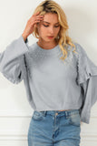 Gray Pearl Embellished Ruffle Wide Sleeve Sweater