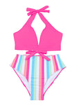 Halter Striped Backless Self-Tie Bikini Swimsuit