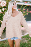 Waffled Knit Long Sleeve V-Neck Frayed Top