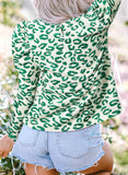 Blackish Green Leopard Print Mock Neck Puff Sleeve Top