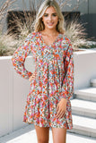 Floral Neck Tie Long Sleeve Flared Dress