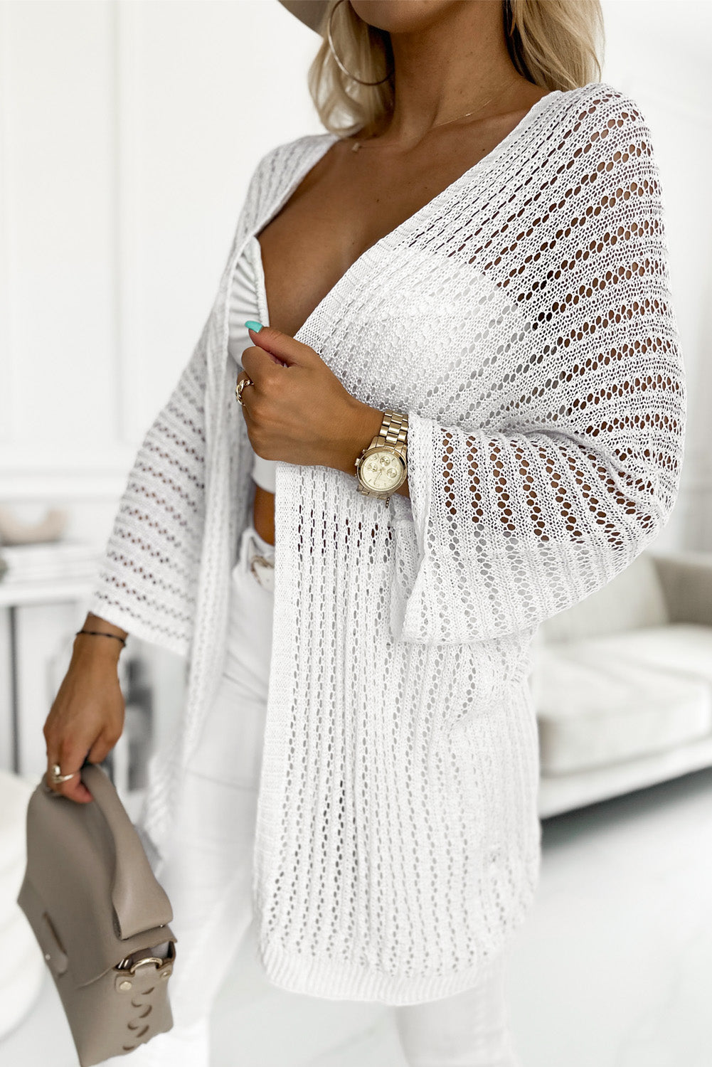 White Hollow-out Knit Kimono Lightweight Cardigan