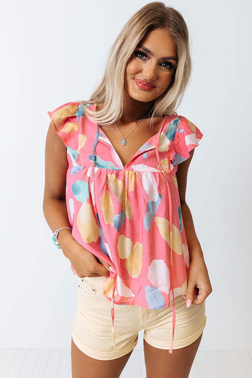 Splotches Pattern Ruffled Cap Sleeve Shift Top