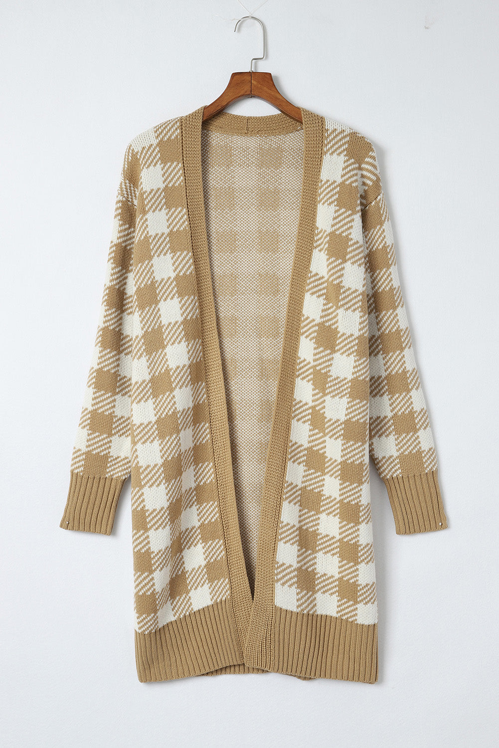 Plaid Pattern Ribbed Trim Long Cardigan