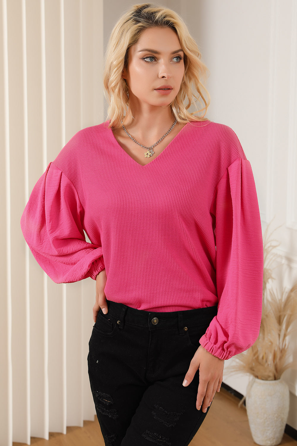 Rose Waffle Knit Balloon Sleeve Splicing V Neck Top