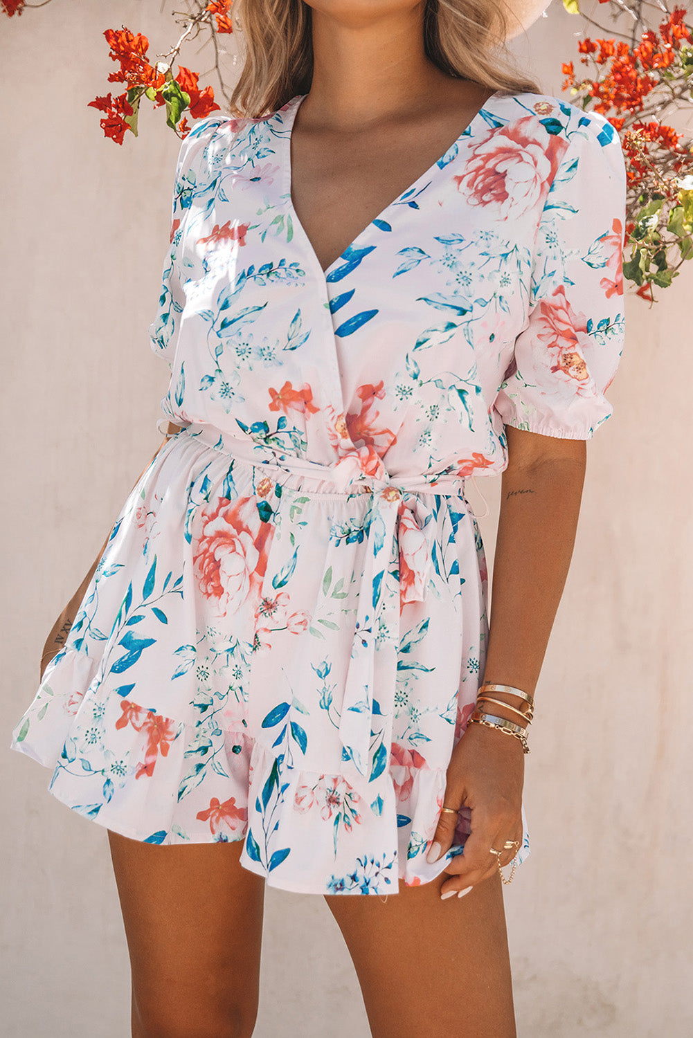 Floral Print Puff Sleeves Romper