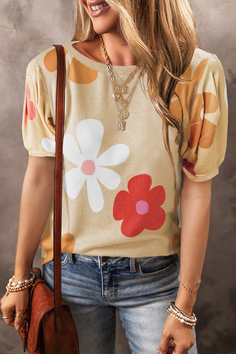 White Bowknot Print Bubble Sleeve Tee