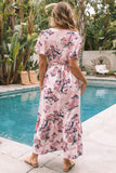 Robe longue rose à fleurs, manches bouffantes, taille haute