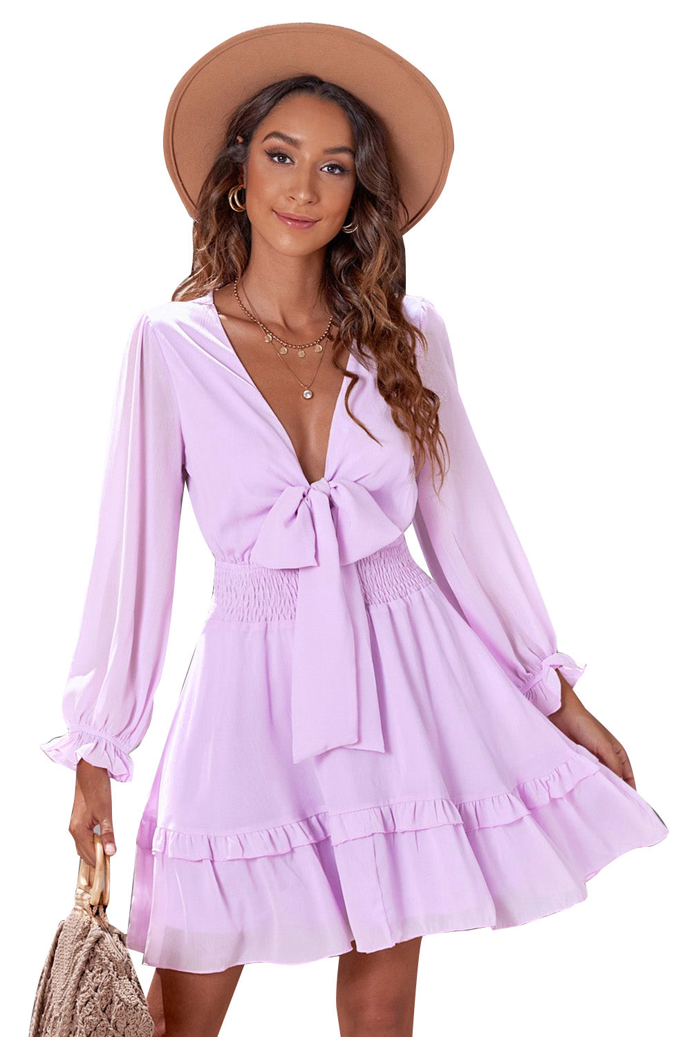 Deep V Neck Lantern Sleeve Knotted Tiered Mini Dress