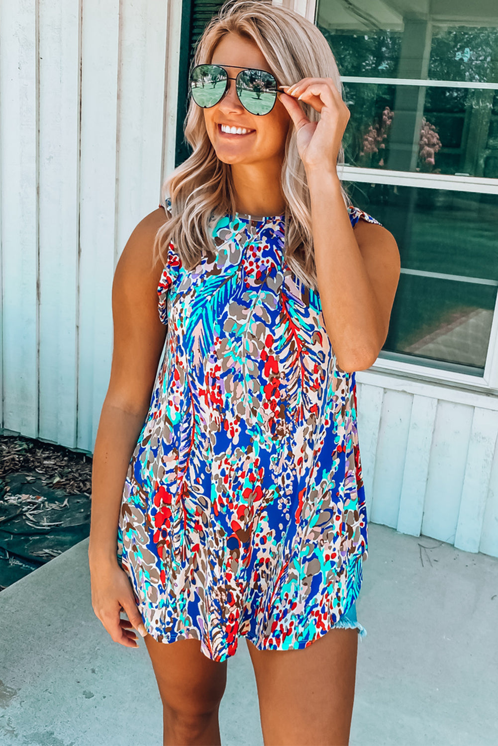 Floral Print Tank Top with Ruffles