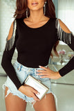 Rhinestone Fringed Cold Shoulder Long Sleeve Bodysuit