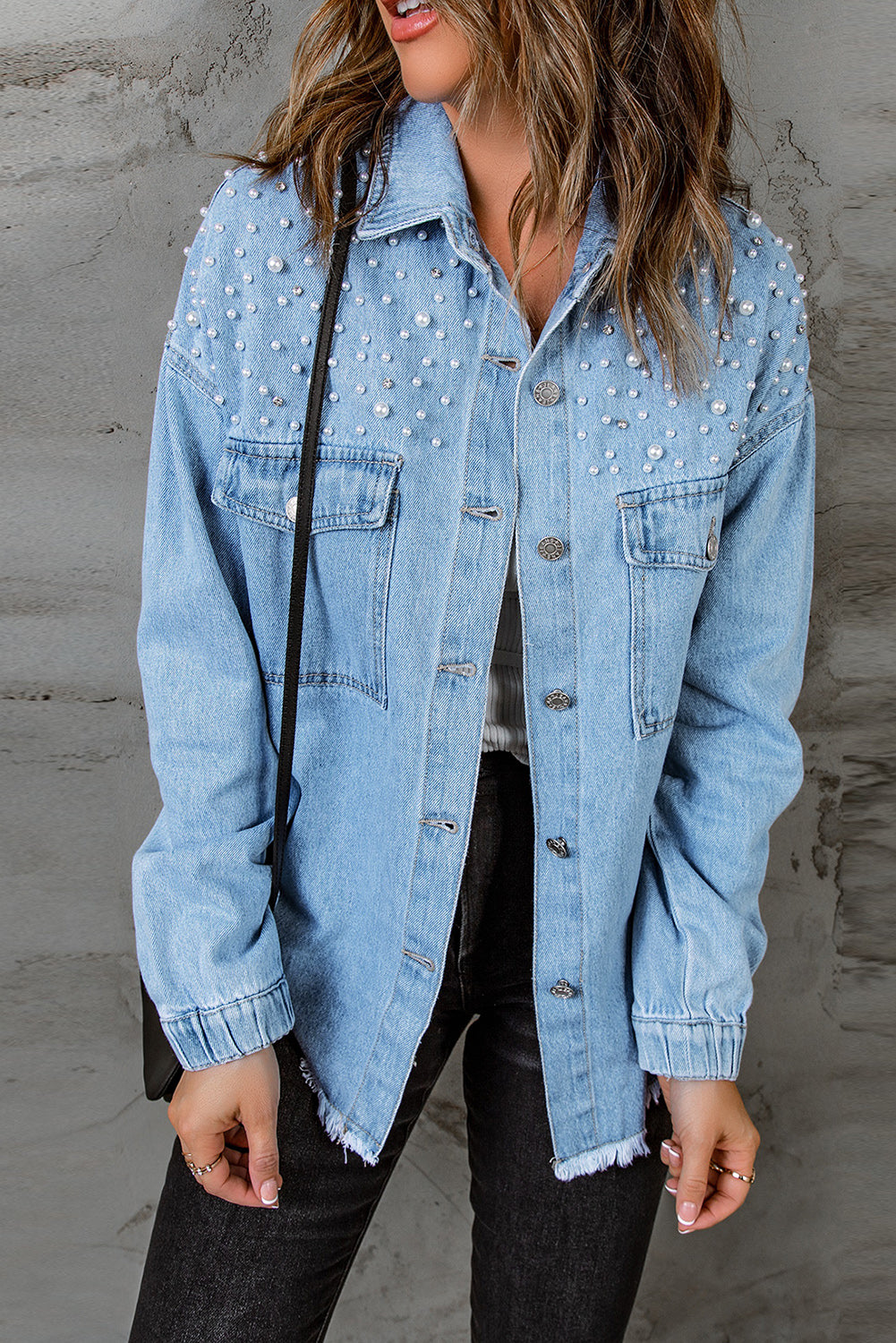 Rhinestone Pearls Denim Shacket