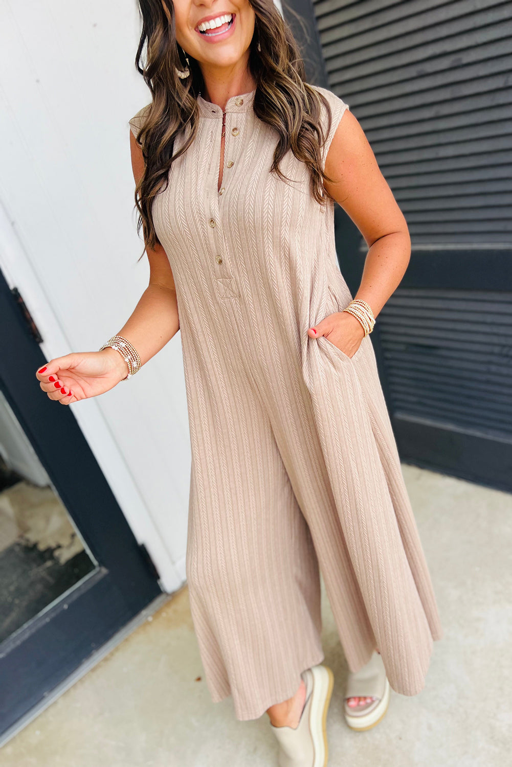 Smoke Gray Textured Buttoned Wide Leg Sleeveless Jumpsuit